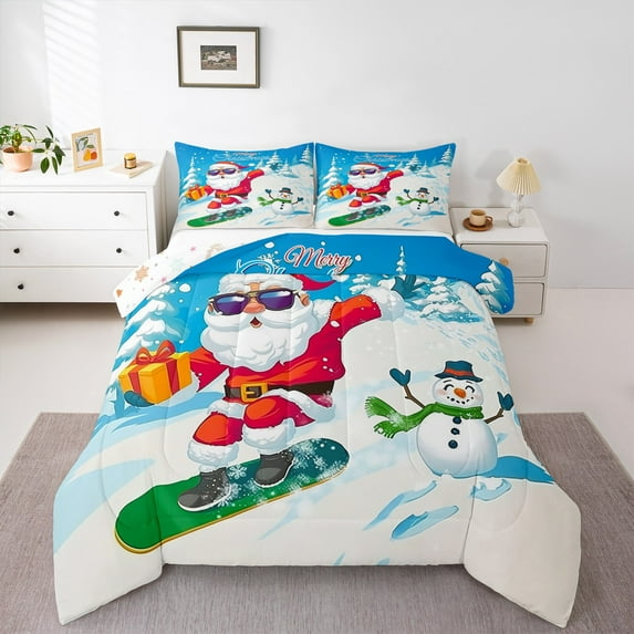 Feelyou Santa Claus Child Queen Comforter Set, Merry Christmas Bedding Sets, Kawaii Cartoon Snowman Reversible Bedding Comforter Set, Microfiber Bedroom Decor, 3pcs