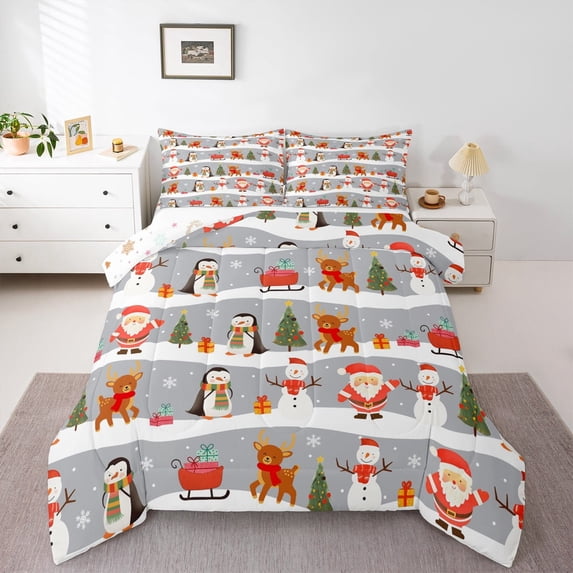 Feelyou Santa Claus Full Size Comforter Sets for Teen, Kawaii Cartoon Penguin Bedding Comforter Set, Merry Christmas Reversible Bedding Sets, Breathable Home Decor, 3-Piece