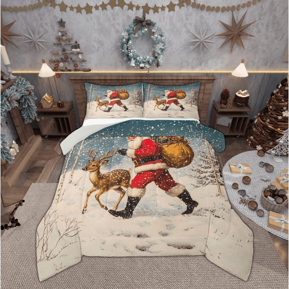 Feelyou Santa Claus Queen Comforter Set for Teen, Vintage Western Fairy Tale Bedding Sets, Merry Christmas Reversible Bedding Comforter Set, Breathable Home Decor, 3pcs