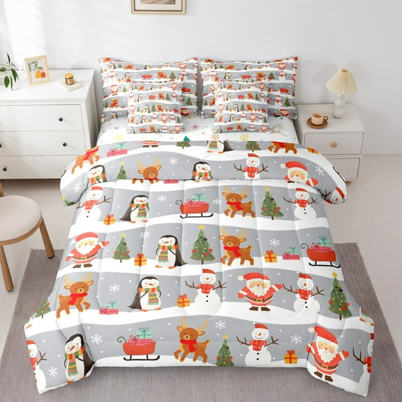 Feelyou Santa Claus Twin Bedding Sets 7-Piece for Teen, Kawaii Cartoon Penguin Bedding Comforter Set, Merry Christmas Reversible Sheet Sets, Breathable Home Decor
