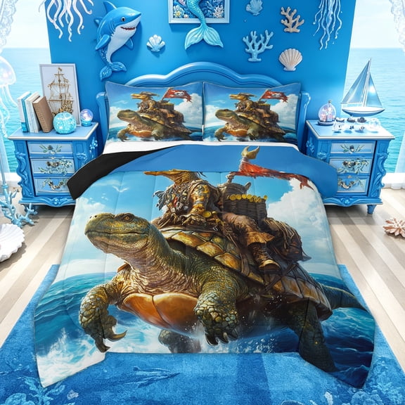 Feelyou Sea Dinosaur Riding Turtle Queen Comforter Set for Boys Men Kids, Nautical Wildlife Bedding Comforter Set, Blue Brown, Black Reversible, 3 Pieces