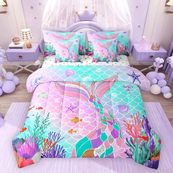 Feelyou Sea Mermaid Princess Comforter Set 7pcs, Blue Pink Fish Scale Queen Bedding Sets