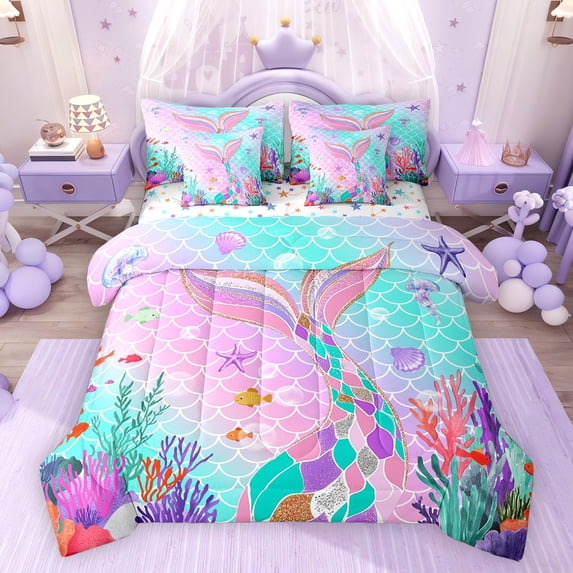Feelyou Sea Mermaid Princess Twin Bedding Sets 7pcs, Blue Pink Fish Scale Comforter Set