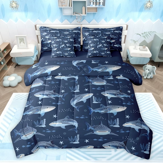 Feelyou Sea Shark Animal Twin Bedding Sets 7-Piece, Cute Stars Croal Bedding Comforter Set