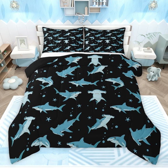 Feelyou Sea Shark Animal Twin Comforter Sets, Cute Cartoon Stars Bedding Set, 2-Piece