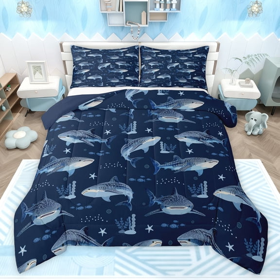 Feelyou Sea Shark Animal Twin Comforter Sets, Cute Stars Croal Bedding Set, 2 Pieces
