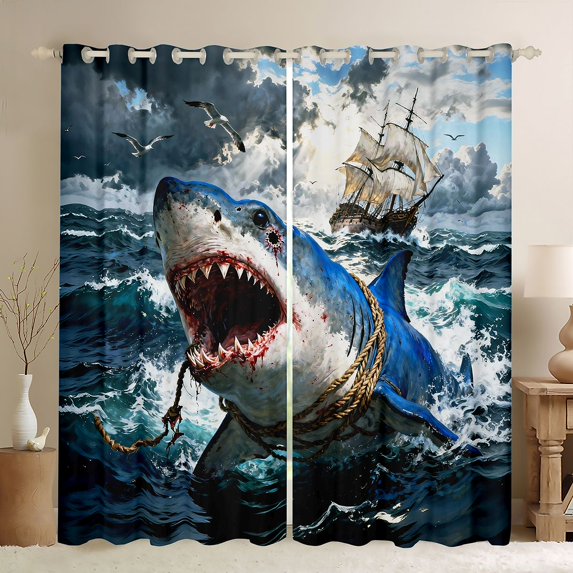 Feelyou Sea Shark Black Out Curtains, Hunting and Fishing Curtains Pack of 2 (42x63 Each)
