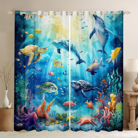 Feelyou Sea Turtle Dolphin Coral Black Out Curtains for Kids Boys Girls, Watercolor Sunlight Animal Curtains Pack of 2 (42x63 Each), Blue