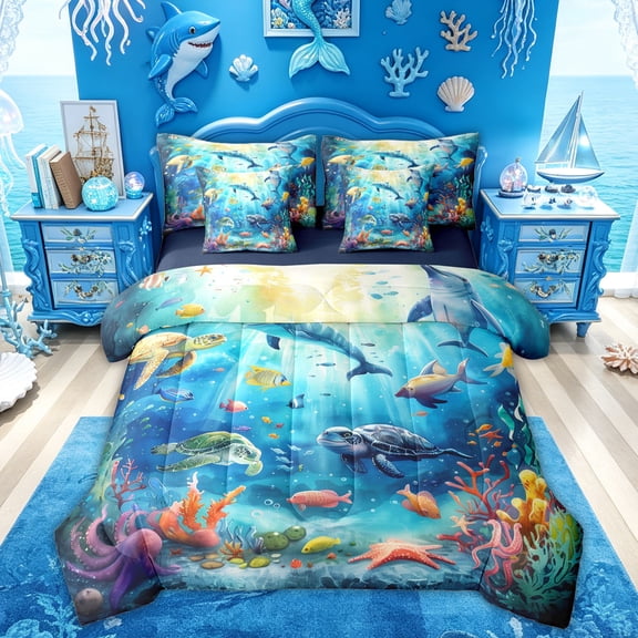 Feelyou Sea Turtle Dolphin Coral Twin Bedding Sets for Kids Boys Girls, Watercolor Sunlight Animal Bedding Comforter Set, Blue, Blue Reversible, 7pcs