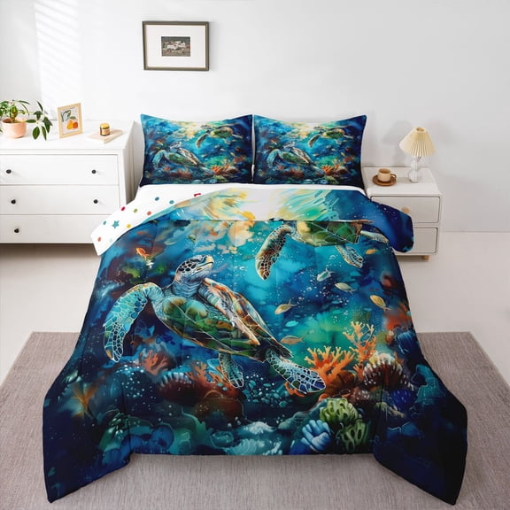 Feelyou Sea Turtle Full Size Comforter Sets, Cartoon Marine Animal Bedding Sets, 3pcs