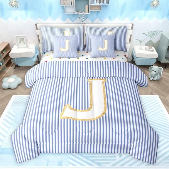 Feelyou Sequin Print Letter Bedding Comforter Set 7 Pieces for Child, Cartoon Monogrammed J Full Bedding Set, Blue Stripes Lines Reversible Fitted Sheet Flat Sheet, Microfiber Bedroom Decor