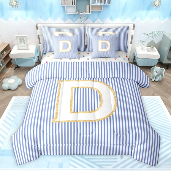 Feelyou Sequin Print Letter Bedding Comforter Set 7pcs for Child, Cartoon Monogrammed D King Bedding Sets, Blue Stripes Lines Reversible Bed Sheets, Microfiber Bedroom Decor
