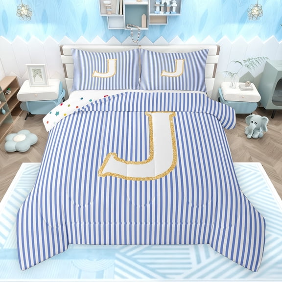 Feelyou Sequin Print Letter Bedding Comforter Set for Child, Cartoon Monogrammed J Twin Comforter Sets, Blue Stripes Lines Reversible Bedding Set, Microfiber Bedroom Decor, 2-Piece
