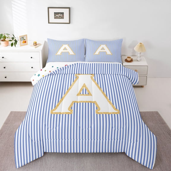 Feelyou Sequin Print Letter Bedding Comforter Set for Child, Cartoon Monogrammed A Twin Comforter Sets, Blue Stripes Lines Reversible Bedding Set, Super Cozy Room Decor, 2-Piece