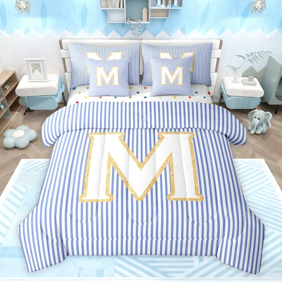 Feelyou Sequin Print Letter Twin Bedding Sets 7-Piece for Child, Cartoon Monogrammed M Bedding Comforter Set, Blue Stripes Lines Reversible Sheet Sets, Super Cozy Room Decor