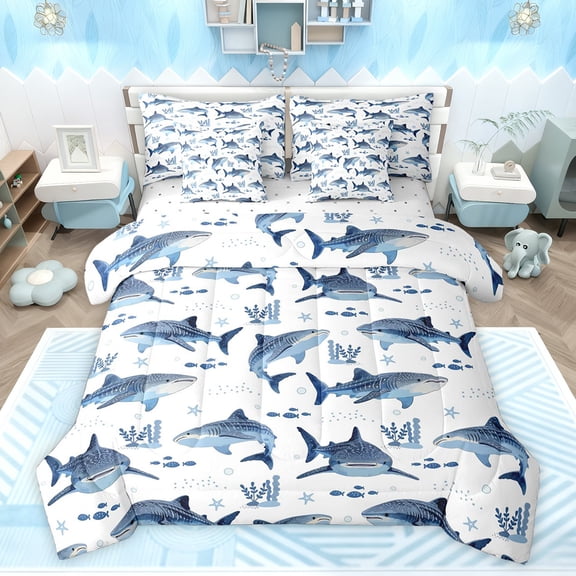 Feelyou Shark Animal Twin Bedding Sets 7pcs, Coral Sealife Child Bedding Comforter Set