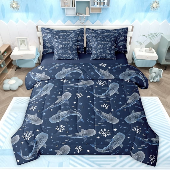 Feelyou Shark Coral Twin Bedding Sets 7pcs, Blue Cartoon Sea Animal Bedding Comforter Set
