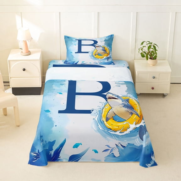Feelyou Shark Letter B Twin Sheet Sets for Kids, Cute Ocean Animal Bedding for Kids, Blue, 3 Pieces