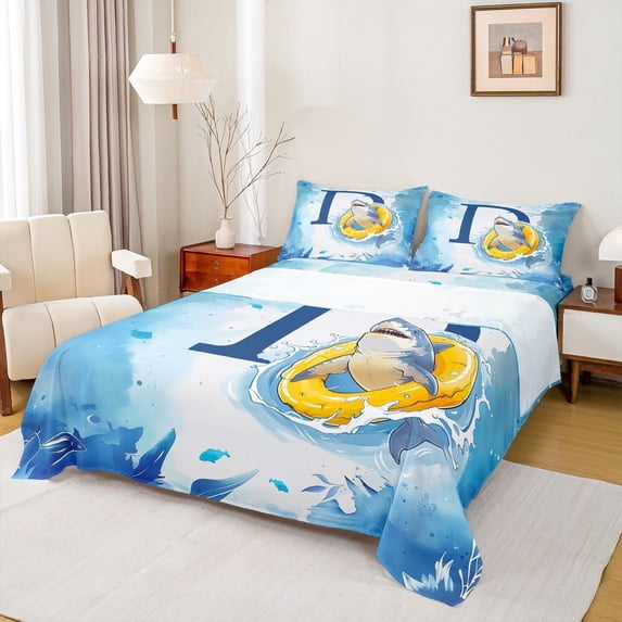 Feelyou Shark Letter D Bed Sheets for Kids, Cute Ocean Animal King Sheets for Kids, Blue, 4-Piece