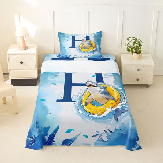 Feelyou Shark Letter H Twin Sheet Sets for Kids, Cute Ocean Animal Bedding, Blue, 3 Pieces