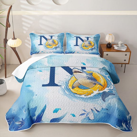 Feelyou Shark Letter N Quilt Full for Boys, Ocean Sealife Full Bedspread Sets for Boys Girls, Blue, 3 Pieces