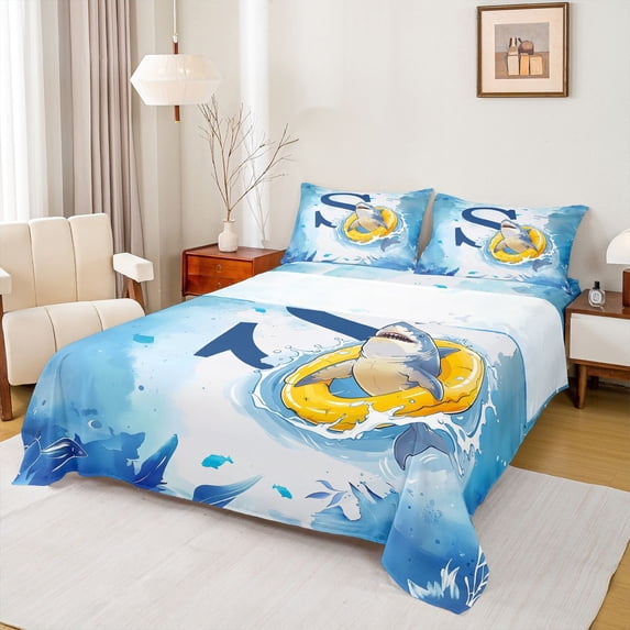 Feelyou Shark Letter S Queen Sheet Sets for Boys, Ocean Sealife Bed Set for Bedroom, Blue, 4-Piece