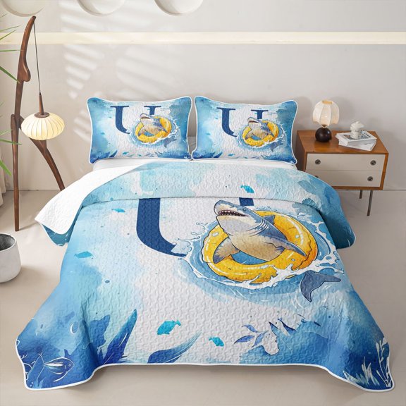 Feelyou Shark Letter U Bed Spread Queen for Boys, Ocean Sealife Queen Coverlet Set, Blue, 3pcs