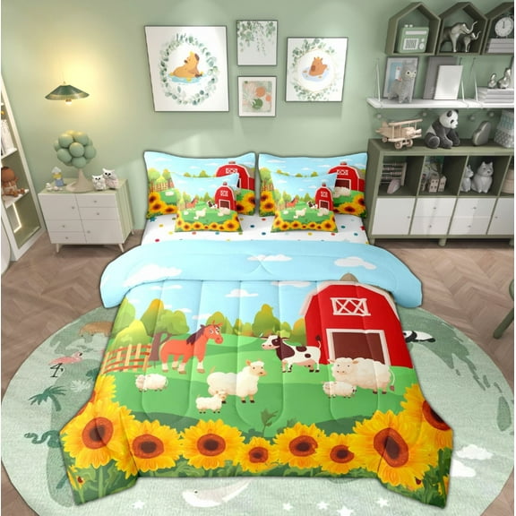 Feelyou Sheep Cow Horse Bedding Comforter Set 7pcs, Kawaii Farm Animal King Bedding Sets, Vibrant Sunflower Reversible Bed Sheets, Luxury Bedroom Decor