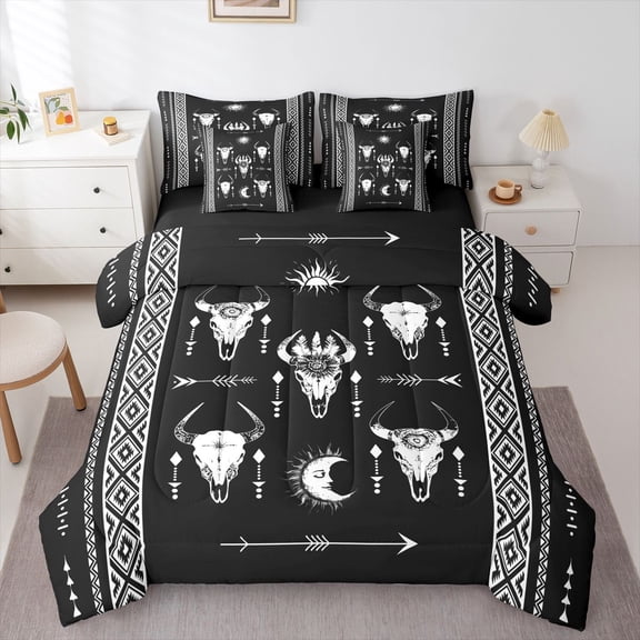 Feelyou Sheep Skull Bedding Comforter Set 7 Pieces, Hippie Aztec Queen Bedding Sets