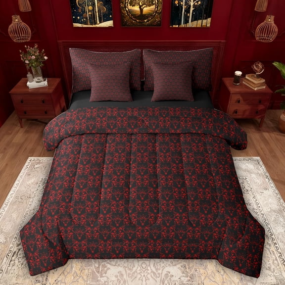 Feelyou Sheep Skull Twin Bedding Sets 7-Piece, Red Mandala Damask Bedding Comforter Set