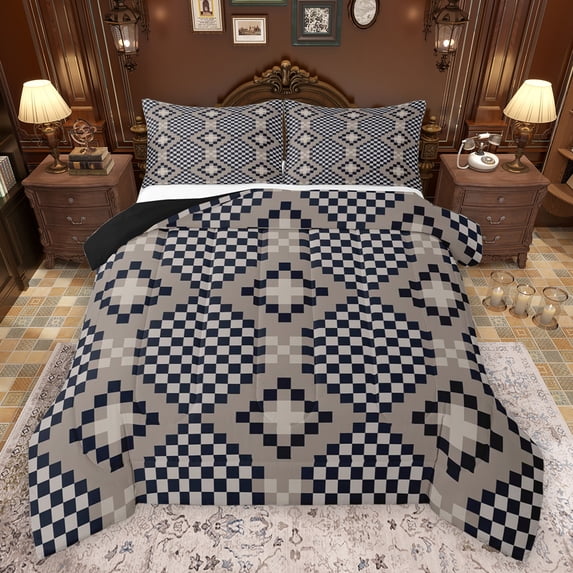 Feelyou Simple Buffalo Plaid Queen Comforter Set, Fashion Boho Aztec Abstract Bedding Sets, Teens Adult Women Men Reversible Bedding Comforter Set, Microfiber Bedroom Decor, 3pcs