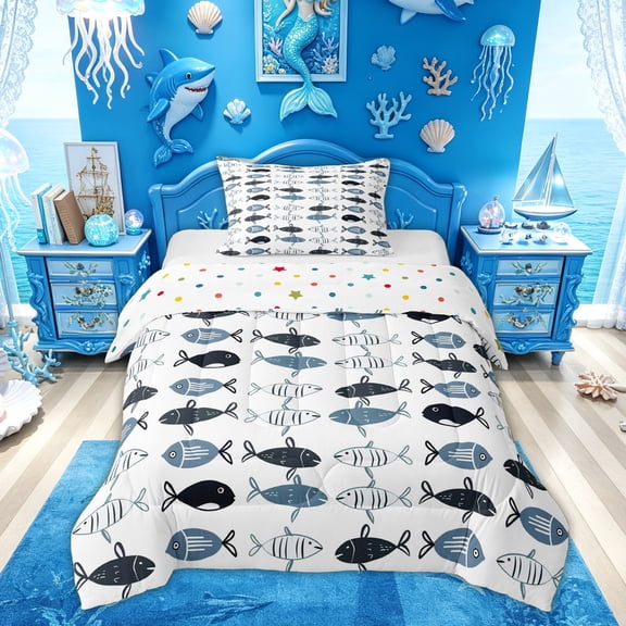 Feelyou Simple Line Art Cartoon Fish Twin Comforter Sets for Kids Boys Girls, Bubble Marine Animal Bedding Set, Blue White, Polkadot Reversible, 2pcs