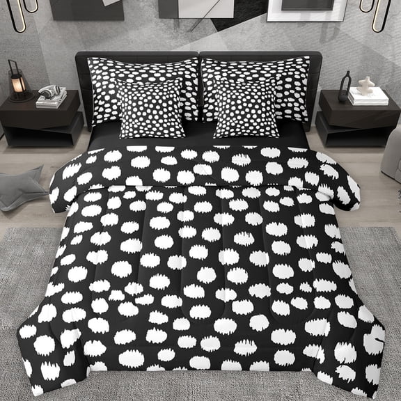 Feelyou Simple Polka Dot Bedding Comforter Set 7pcs, Chic Brush Artwork King Bedding Sets, White Black Cartoon Reversible Bed Sheets, Luxury Bedroom Decor