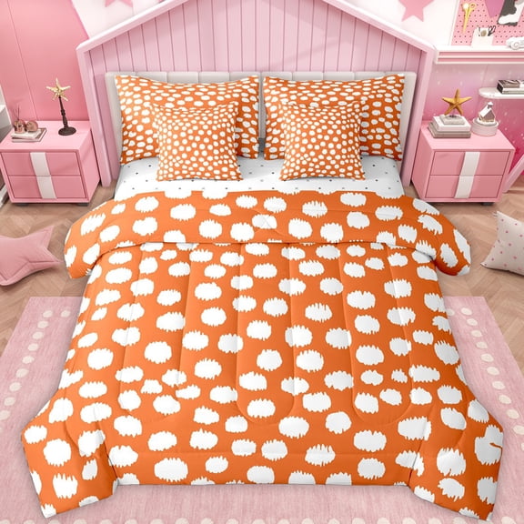 Feelyou Simple Polka Dot Bedding Comforter Set 7pcs, Chic Brush Artwork Queen Bedding Sets, Orange Cartoon Cycle Reversible Queen Sheet Sets, Lightweight Room Decor
