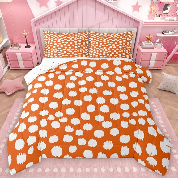 Feelyou Simple Polka Dot Bedding Comforter Set, Chic Brush Artwork Twin Comforter Sets, Orange Cartoon Cycle Reversible Bedding Set, Lightweight Room Decor, 2 Pieces