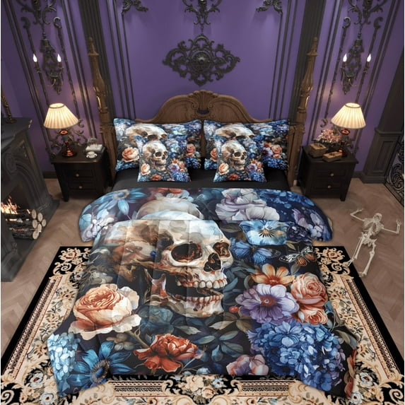 Feelyou Skeleton Bedding Comforter Set 7pcs for Adult, Gothic Romantic King Bedding Sets, Anniversary Rose Flower Reversible Bed Sheets, Luxury Bedroom Decor