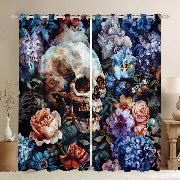 Feelyou Skeleton Curtains Pack of 2 (42x84 Each) for Adult, Gothic Romantic Curtains Blackout, Anniversary Rose Flower Bedroom Curtains, Luxury Bedroom Decor