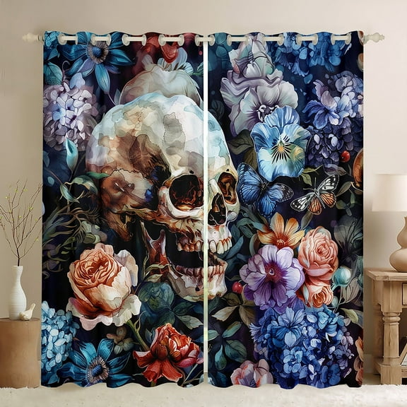 Feelyou Skeleton Curtains Pack of 2 (42x84 Each) for Adult, Gothic Romantic Curtains Blackout, Anniversary Rose Flower Bedroom Curtains, Luxury Bedroom Decor