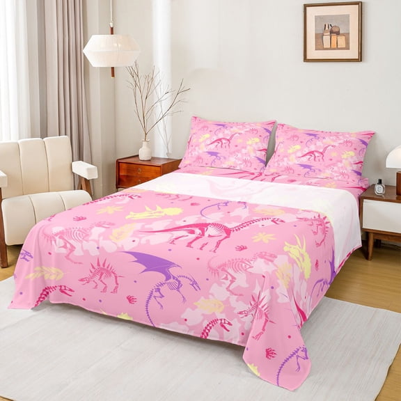 Feelyou Skeleton Dinosaur Full Size Sheets for Girls, Animals Bone Print Bed Sheets, Pink, 4pcs