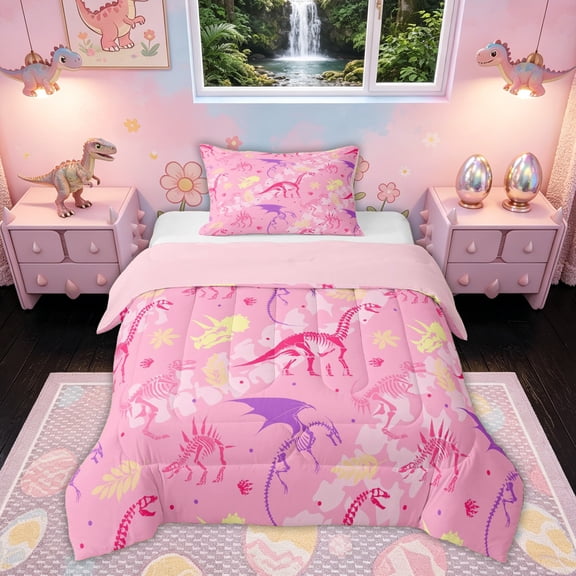 Feelyou Skeleton Dinosaur Twin Comforter Sets for Girls, Animals Bone Print Bedding Set, Pink, Pink Reversible, 2pcs