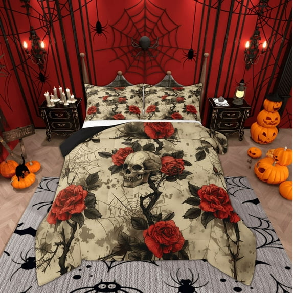 Feelyou Skeleton Skull 01, Vintage Red Rose Flower Twin Comforter Sets, Romantic Halloween Reversible Bedding Set, Microfiber Bedroom Decor, 2pcs