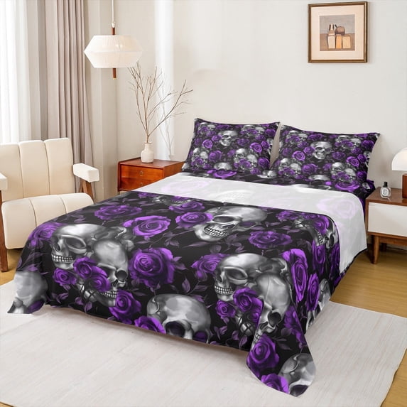 Feelyou Skeleton Skull Bed Sheets, Romantic Gothic Halloween King Sheets, Dreamy Purple Rose Sheet Set, Lightweight Room Decor, 4pcs