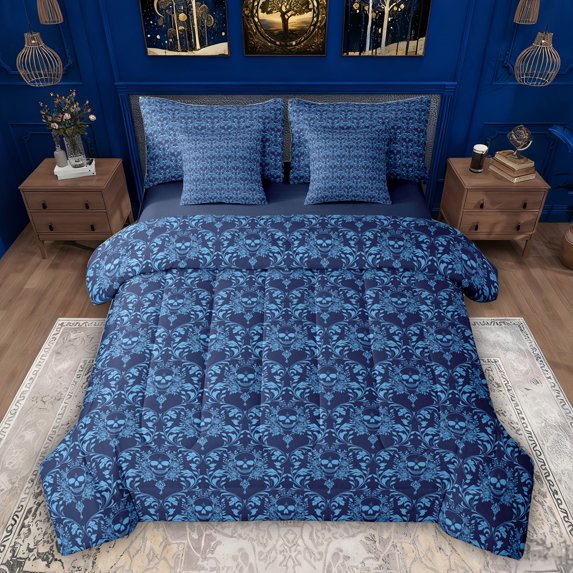 Feelyou Skeleton Skull Bedding Comforter Set 7pcs, Blue Mandala Damask King Bedding Sets