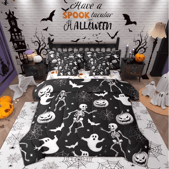 Feelyou Skeleton Skull Bedding Comforter Set 7pcs, Spooky Pumpkin Ghost King Bedding Sets, Gothic Halloween Theme Reversible Bed Sheets, Lightweight Room Decor