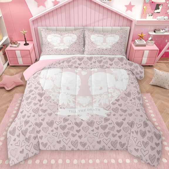 Feelyou Skeleton Skull Bedding Comforter Set, Gothic Romantic Love Heart Twin Comforter Sets, Pink Valentines Day Reversible Bedding Set, Ultra Soft Bedroom Decor, 2pcs