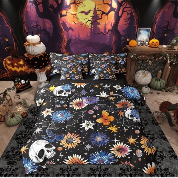 Feelyou Skeleton Skull Twin Bedding Sets 7-Piece, Vintage Daisy Flower Bedding Comforter Set, Halloween Style Reversible Sheet Sets, Microfiber Bedroom Decor