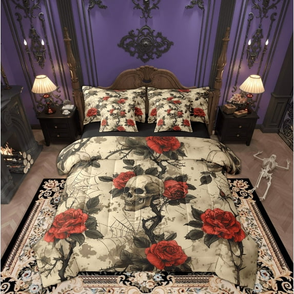 Feelyou Skeleton Skull Twin Bedding Sets 7-Piece, Vintage Red Rose Flower Bedding Comforter Set, Romantic Halloween Reversible Sheet Sets, Microfiber Bedroom Decor