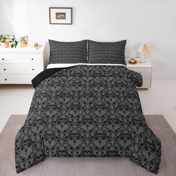 Feelyou Skeleton Skull Twin Comforter Sets, Grey Mandala Damask Floral Bedding Set, 2pcs