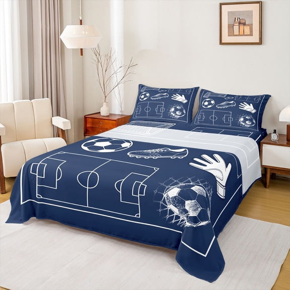 Feelyou Sketch Basketball Bed Sheets for Kids, Bat Glove Graffiti Full Size Sheets, Navy, 4pcs, 1 Flat Sheet, 1 Fitted Sheet and 2 Pillowcases