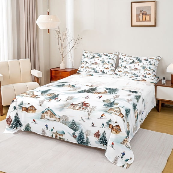 Feelyou Skiing Sports Kids Full Size Sheets, Pine Tree Plant Bed Sheets, 4 Pieces